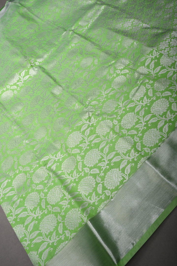 Neon Green Kanjivaram Soft Semi Silk Saree with Silver Floral Brocade Jaal and Zari Border | SHOBITAM