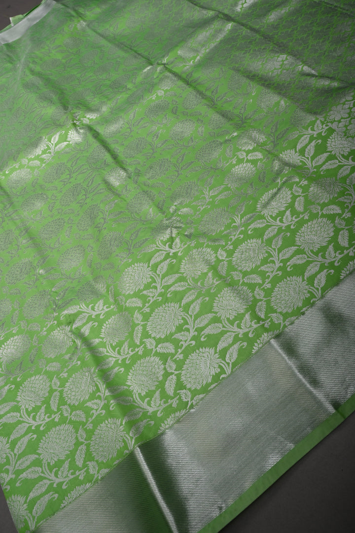 Neon Green Kanjivaram Soft Semi Silk Saree with Silver Floral Brocade Jaal and Zari Border | SHOBITAM