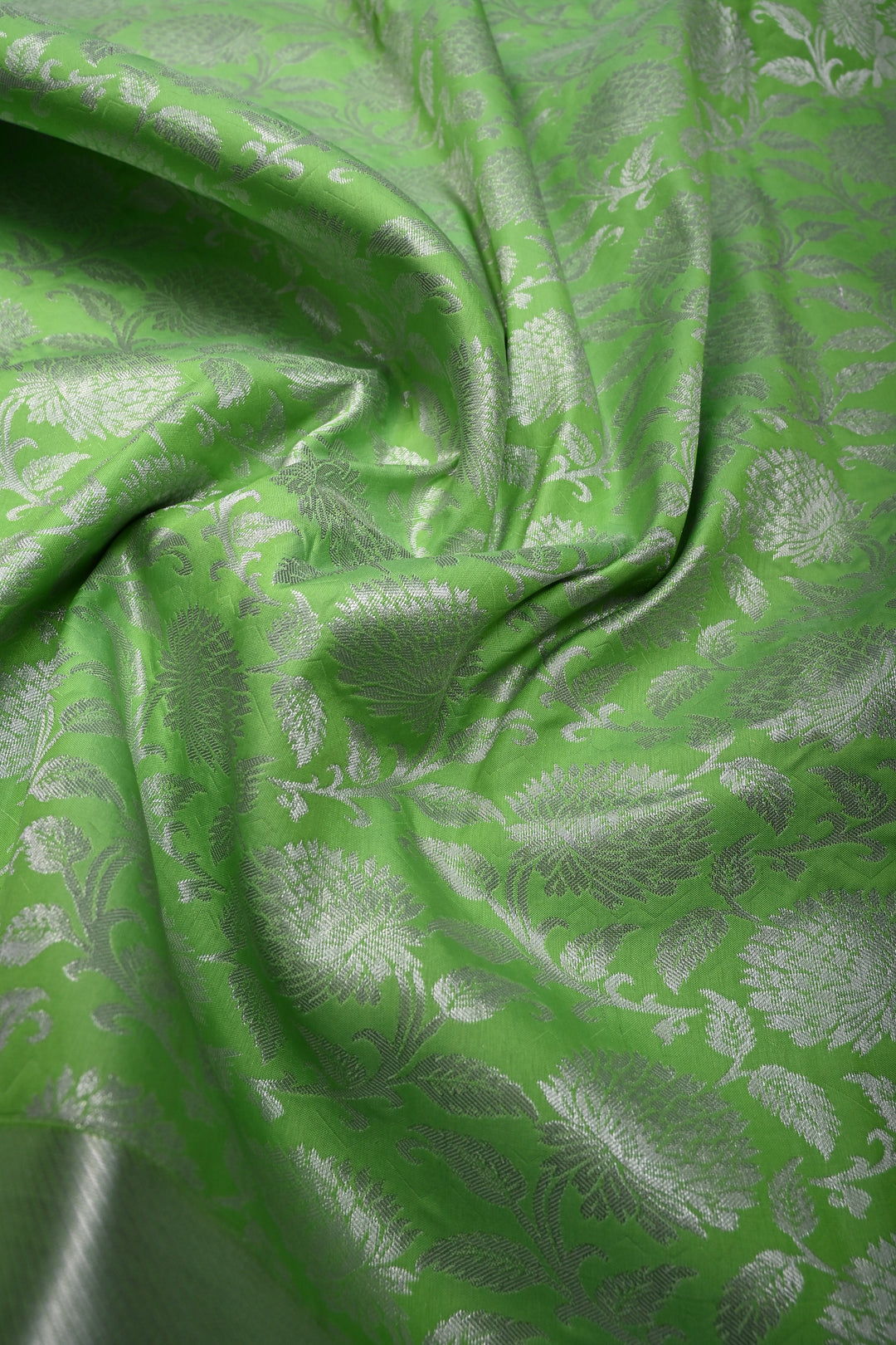 Neon Green Kanjivaram Soft Semi Silk Saree with Silver Floral Brocade Jaal and Zari Border | SHOBITAM