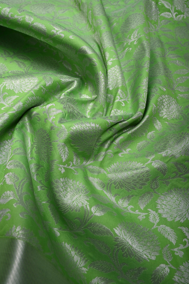 Neon Green Kanjivaram Soft Semi Silk Saree with Silver Floral Brocade Jaal and Zari Border | SHOBITAM