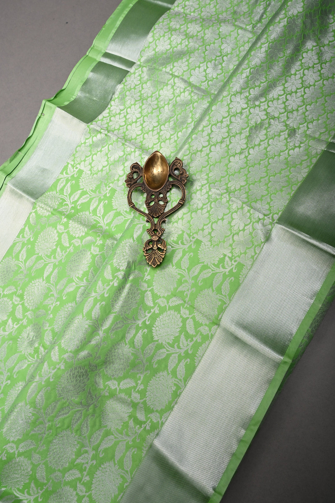 Neon Green Kanjivaram Soft Semi Silk Saree with Silver Floral Brocade Jaal and Zari Border | SHOBITAM