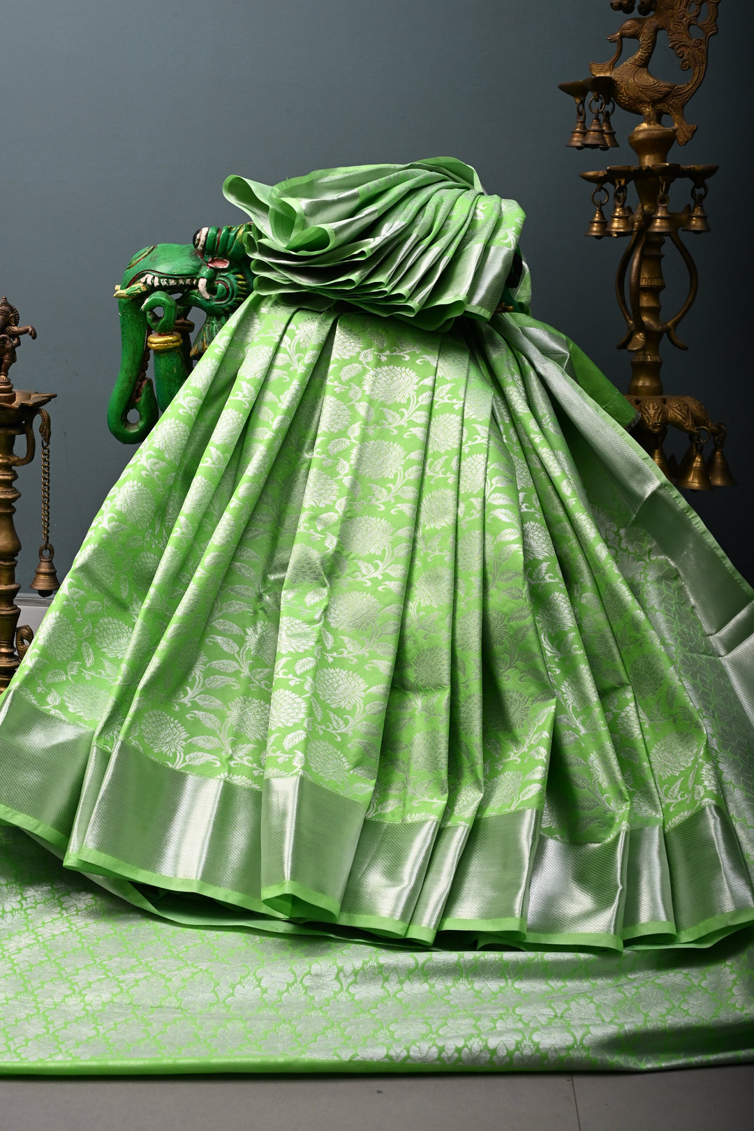 Neon Green Kanjivaram Soft Semi Silk Saree with Silver Floral Brocade Jaal and Zari Border | SHOBITAM