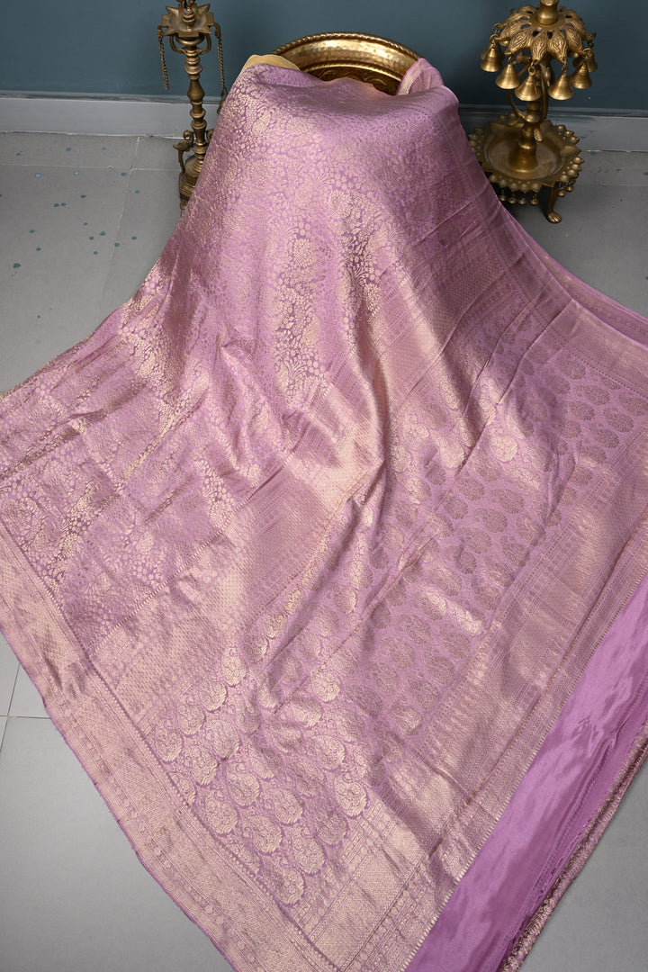 Lilac Mysore Silk Saree with Zari Brocade and Zari Border | SILK MARK CERTIFIED | SHOBITAM