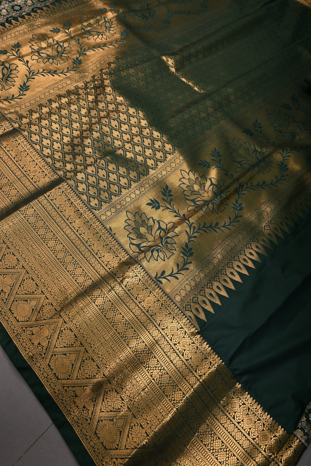 Hunter Green Kanjivaram Soft Semi Silk Saree with Gold-Silver Patola Brocade Jaal and Zari Border | SHOBITAM
