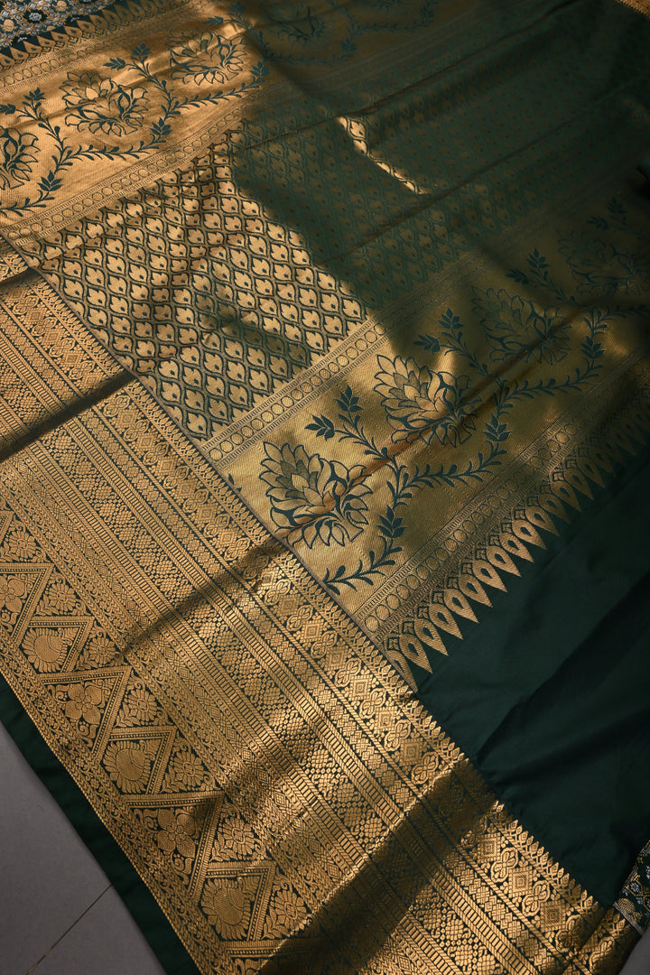 Hunter Green Kanjivaram Soft Semi Silk Saree with Gold-Silver Patola Brocade Jaal and Zari Border | SHOBITAM