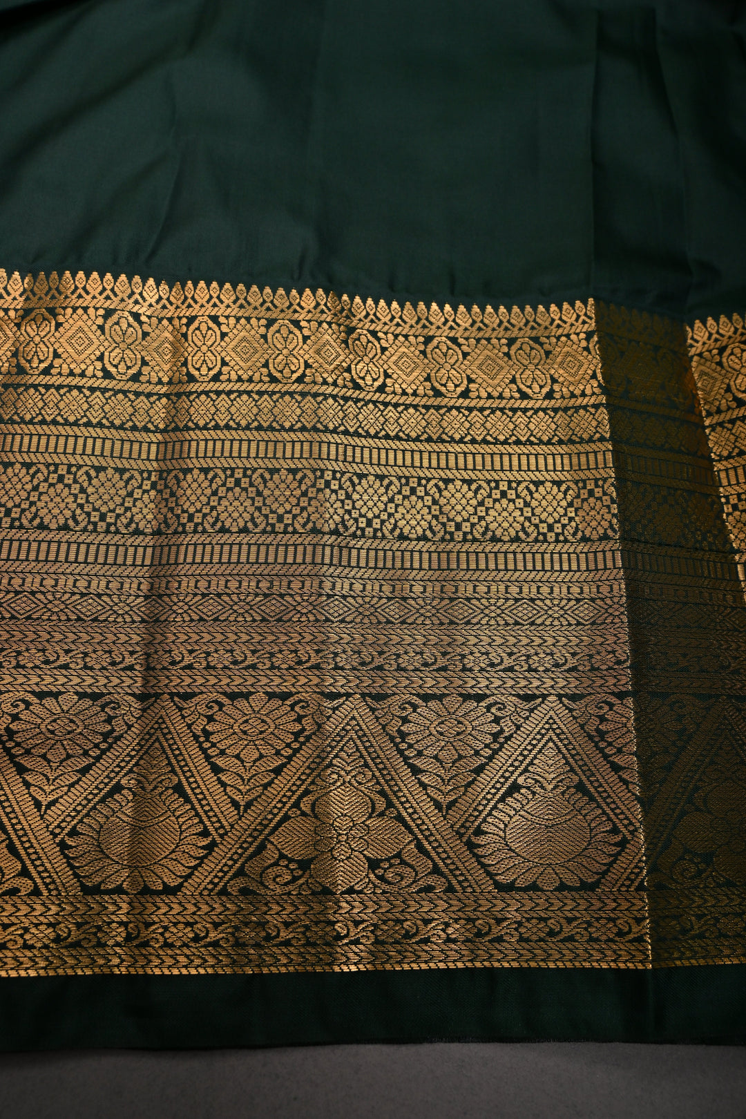 Hunter Green Kanjivaram Soft Semi Silk Saree with Gold-Silver Patola Brocade Jaal and Zari Border | SHOBITAM