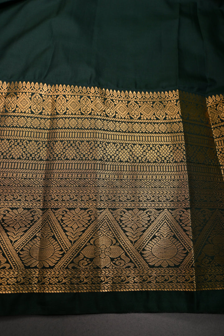 Hunter Green Kanjivaram Soft Semi Silk Saree with Gold-Silver Patola Brocade Jaal and Zari Border | SHOBITAM
