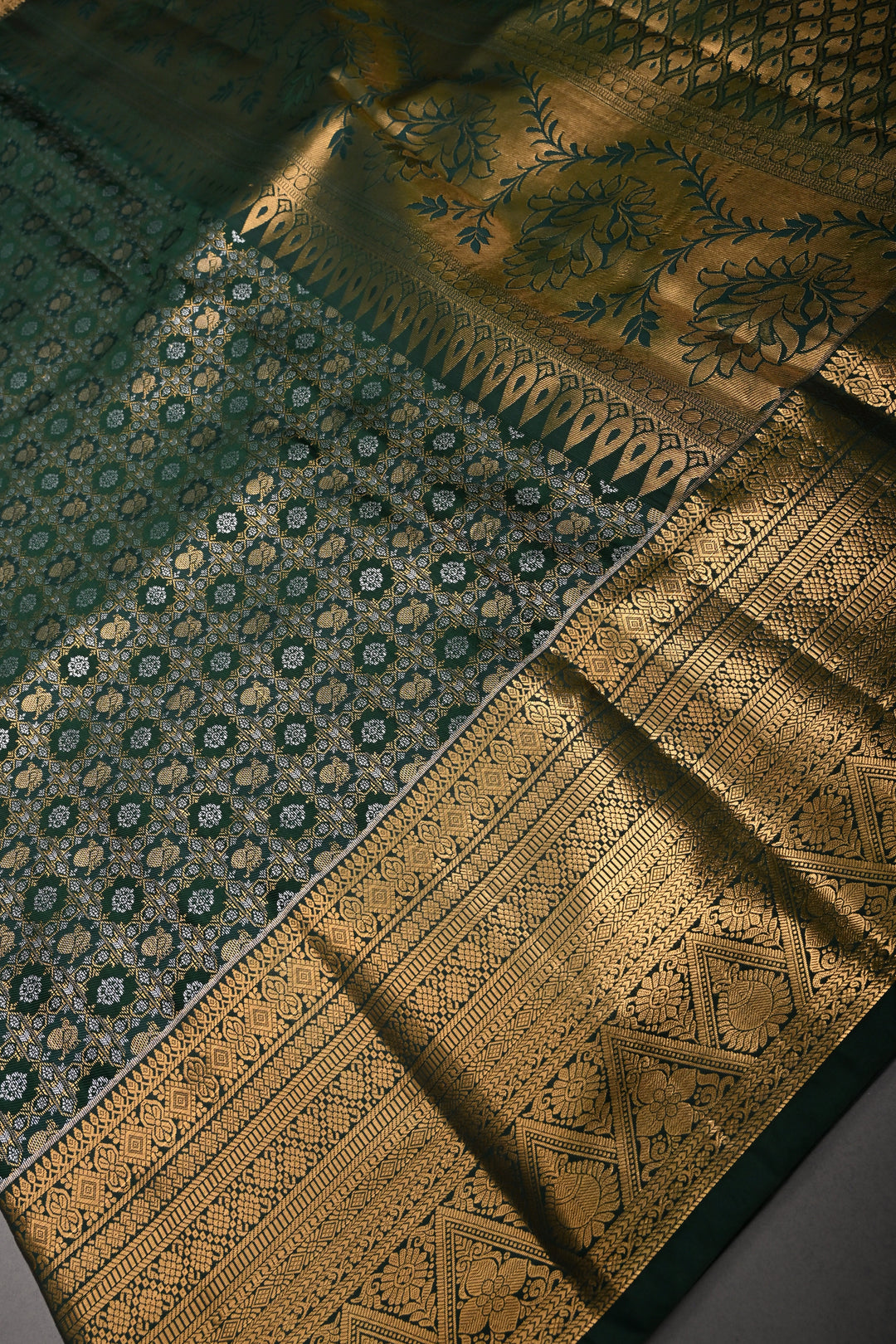 Hunter Green Kanjivaram Soft Semi Silk Saree with Gold-Silver Patola Brocade Jaal and Zari Border | SHOBITAM
