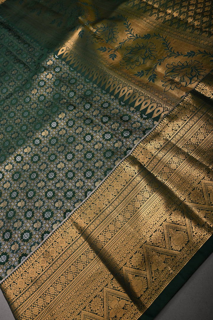 Hunter Green Kanjivaram Soft Semi Silk Saree with Gold-Silver Patola Brocade Jaal and Zari Border | SHOBITAM