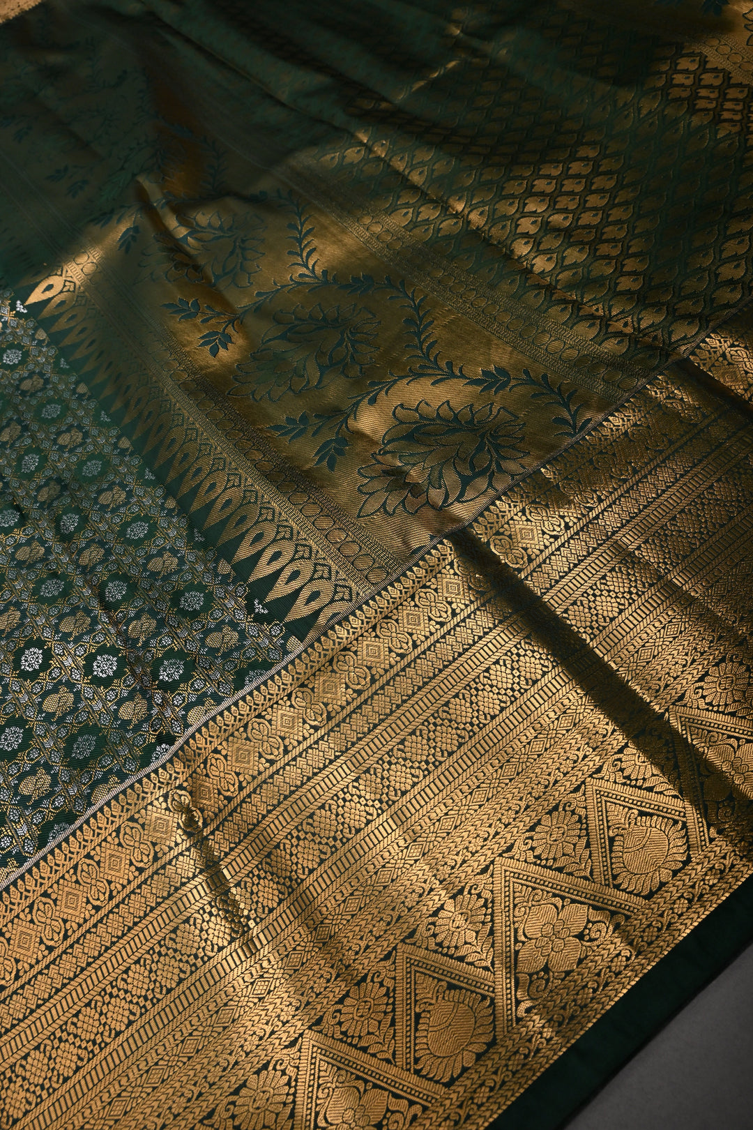 Hunter Green Kanjivaram Soft Semi Silk Saree with Gold-Silver Patola Brocade Jaal and Zari Border | SHOBITAM