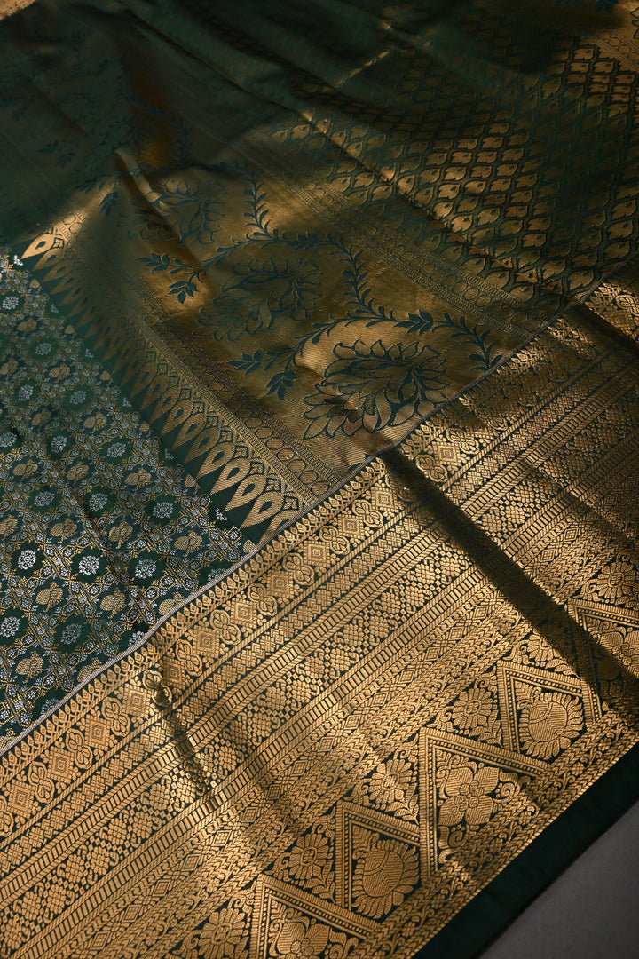 Hunter Green Kanjivaram Soft Semi Silk Saree with Gold-Silver Patola Brocade Jaal and Zari Border | SHOBITAM