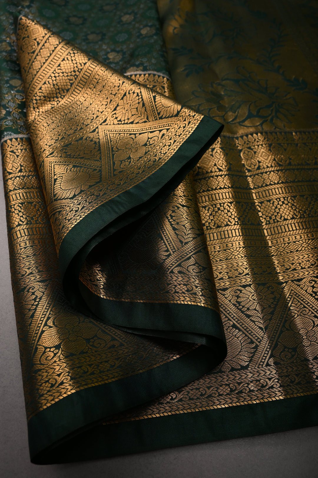 Hunter Green Kanjivaram Soft Semi Silk Saree with Gold-Silver Patola Brocade Jaal and Zari Border | SHOBITAM