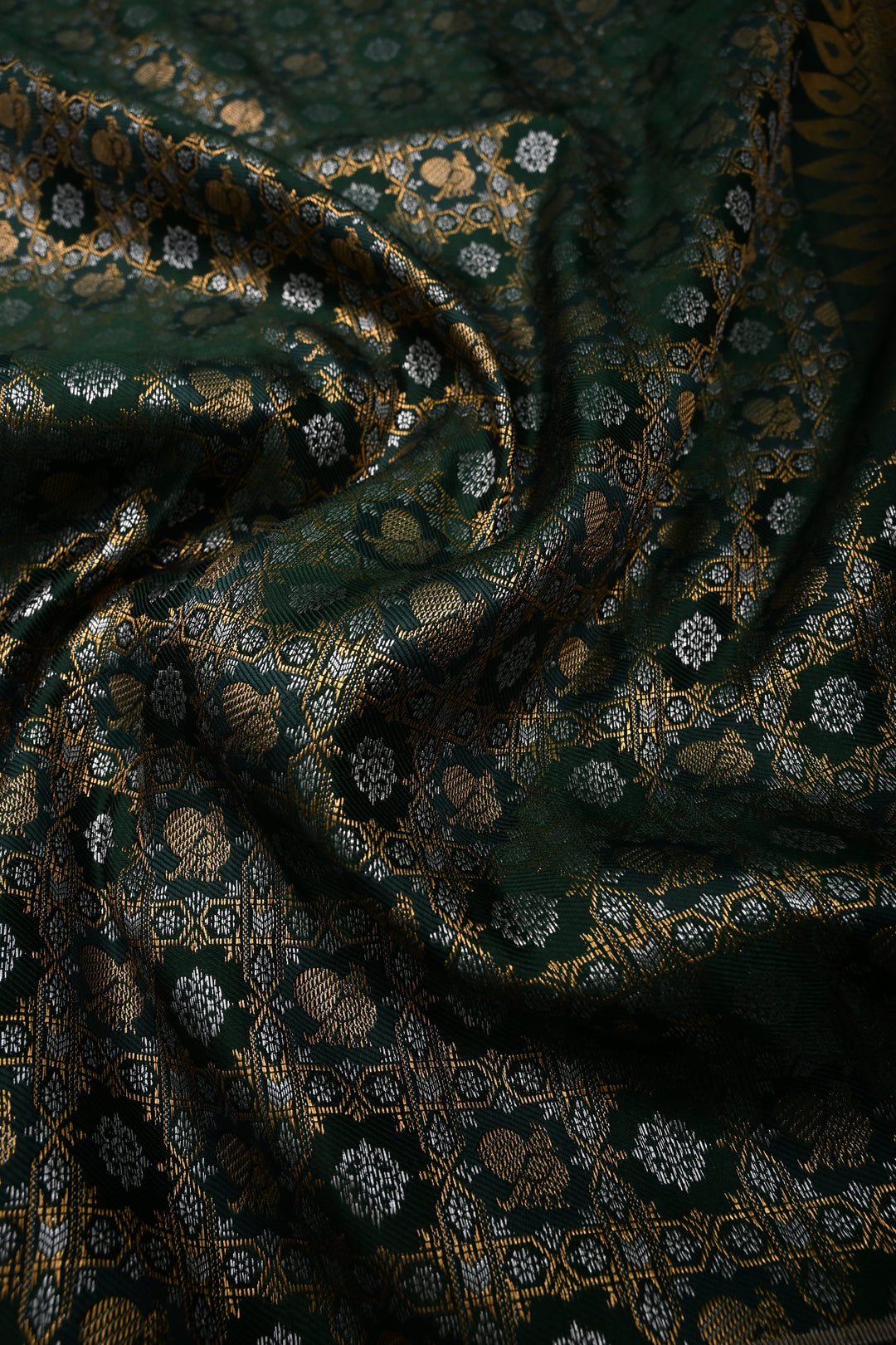 Hunter Green Kanjivaram Soft Semi Silk Saree with Gold-Silver Patola Brocade Jaal and Zari Border | SHOBITAM