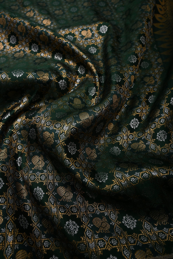 Hunter Green Kanjivaram Soft Semi Silk Saree with Gold-Silver Patola Brocade Jaal and Zari Border | SHOBITAM