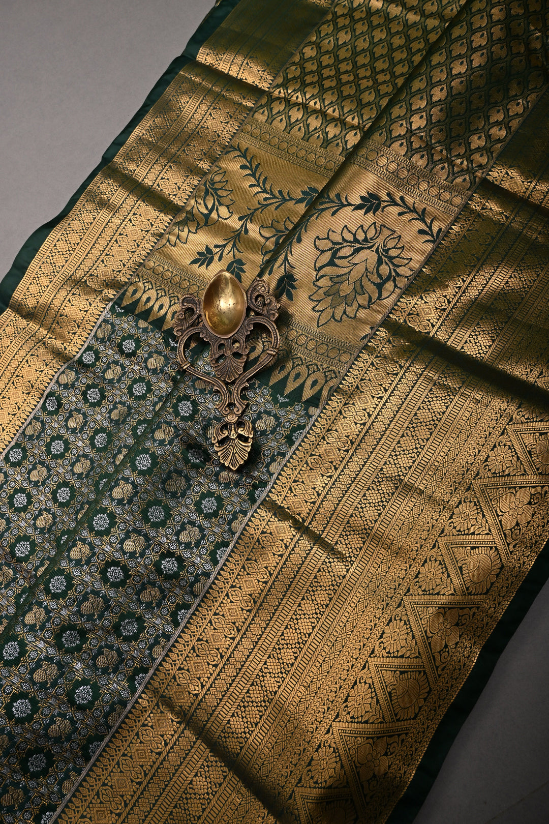 Hunter Green Kanjivaram Soft Semi Silk Saree with Gold-Silver Patola Brocade Jaal and Zari Border | SHOBITAM