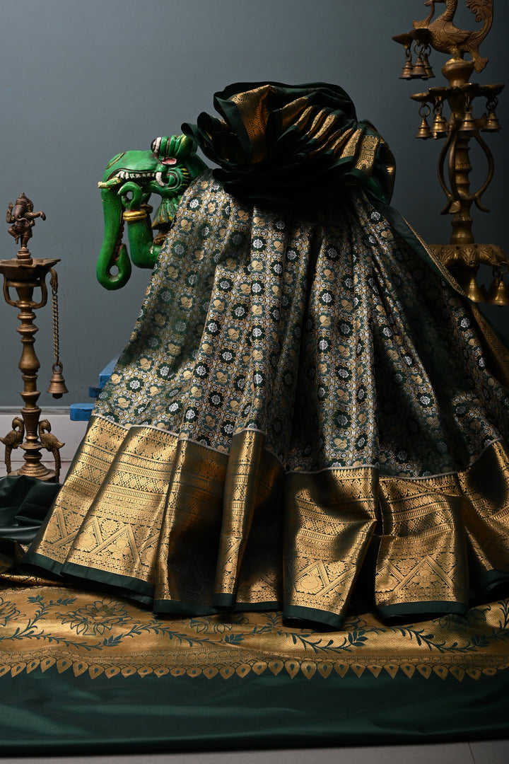 Hunter Green Kanjivaram Soft Semi Silk Saree with Gold-Silver Patola Brocade Jaal and Zari Border | SHOBITAM