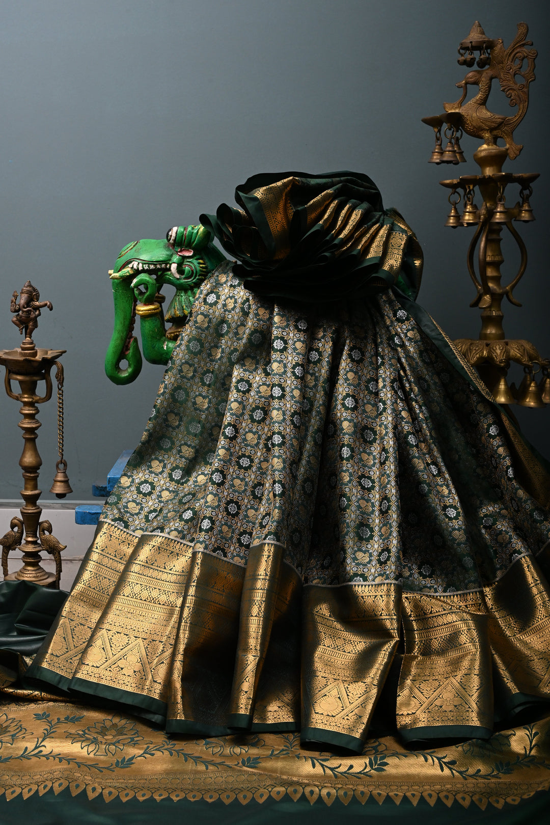 Hunter Green Kanjivaram Soft Semi Silk Saree with Gold-Silver Patola Brocade Jaal and Zari Border | SHOBITAM