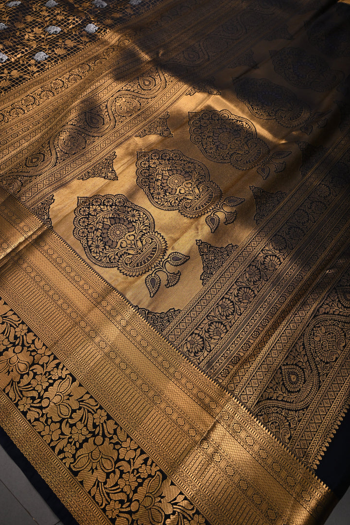 Blackish Blue Zari Checks on Kanjivaram Soft Semi Silk Saree with Floral Jaal-Silver Buttas and Zari Border | SHOBITAM