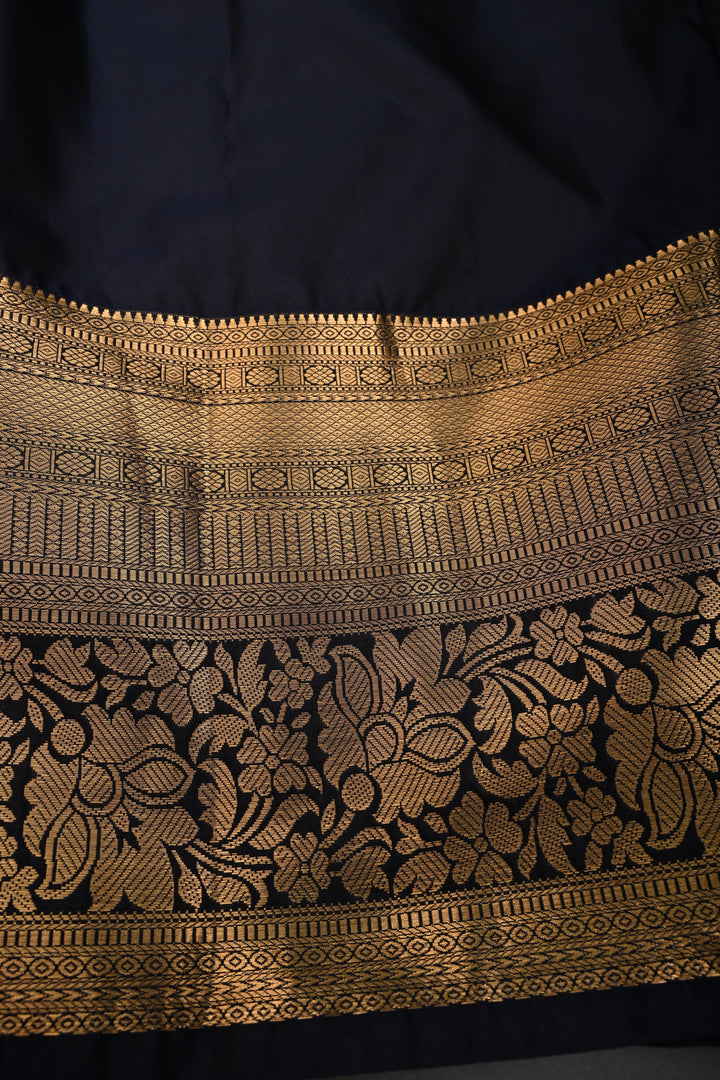 Blackish Blue Zari Checks on Kanjivaram Soft Semi Silk Saree with Floral Jaal-Silver Buttas and Zari Border | SHOBITAM