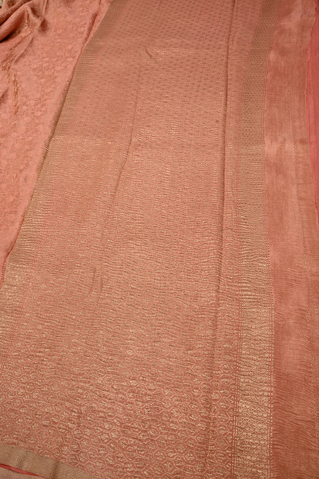 Peach Mysore Silk Crinkled Saree with Self Floral Jaal and Minimal Zari Border | SILK MARK CERTIFIED | SHOBITAM