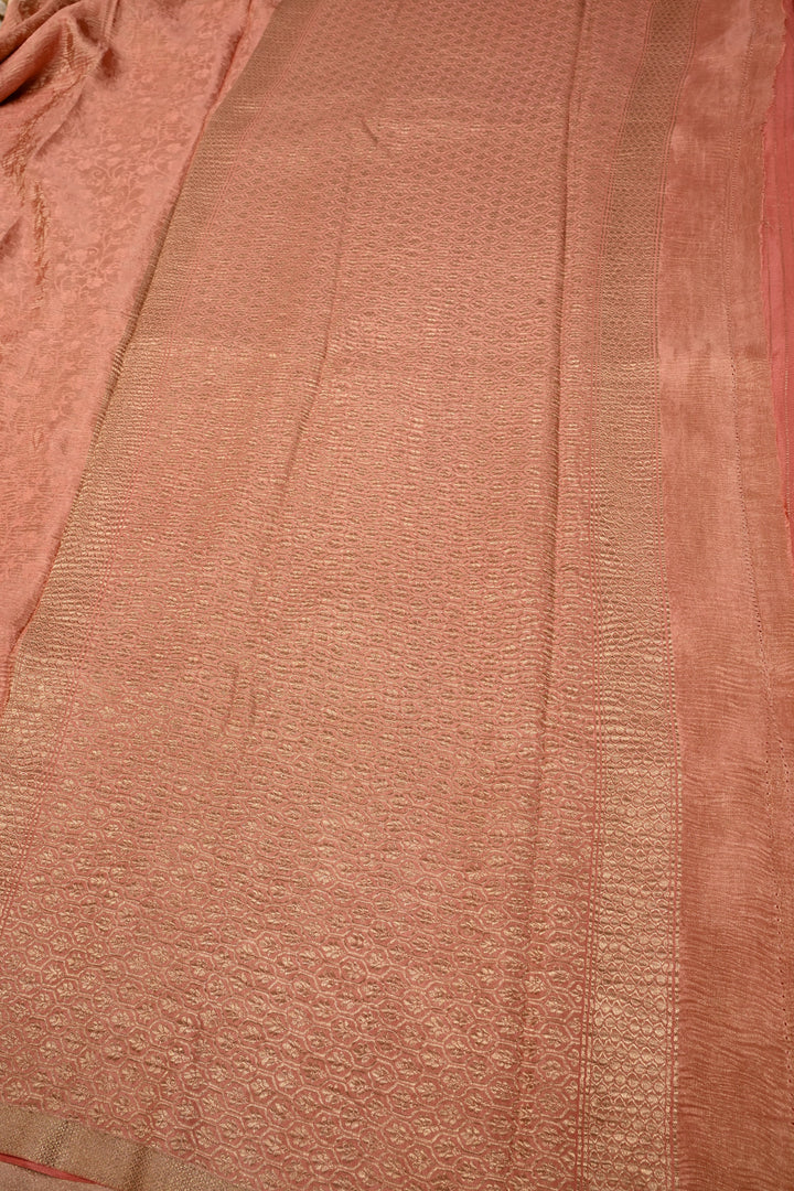 Peach Mysore Silk Crinkled Saree with Self Floral Jaal and Minimal Zari Border | SILK MARK CERTIFIED | SHOBITAM