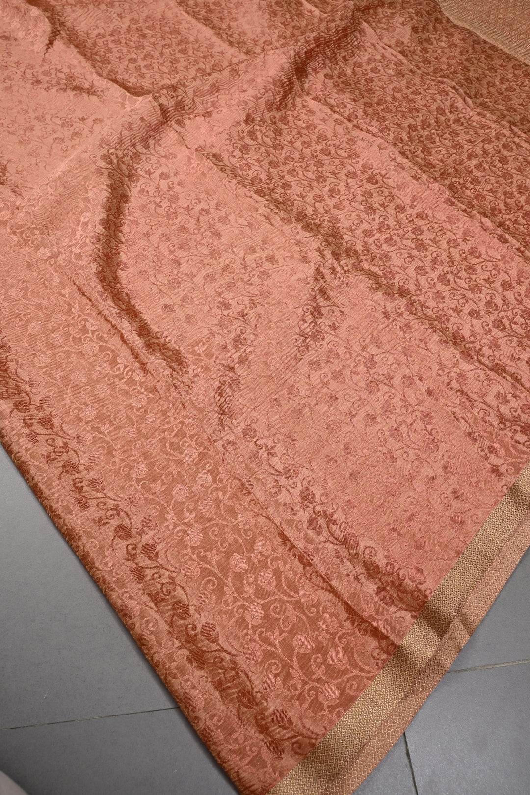 Peach Mysore Silk Crinkled Saree with Self Floral Jaal and Minimal Zari Border | SILK MARK CERTIFIED | SHOBITAM