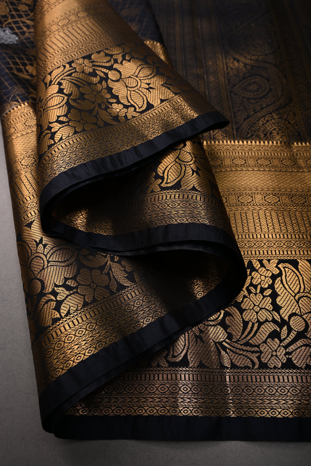 Blackish Blue Zari Checks on Kanjivaram Soft Semi Silk Saree with Floral Jaal-Silver Buttas and Zari Border | SHOBITAM