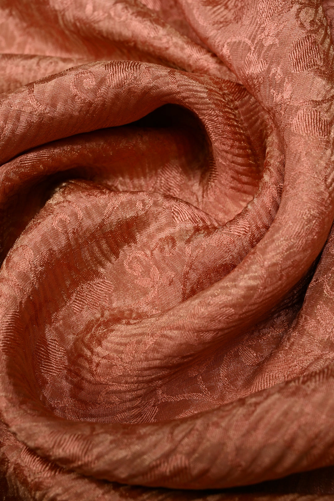 Peach Mysore Silk Crinkled Saree with Self Floral Jaal and Minimal Zari Border | SILK MARK CERTIFIED | SHOBITAM
