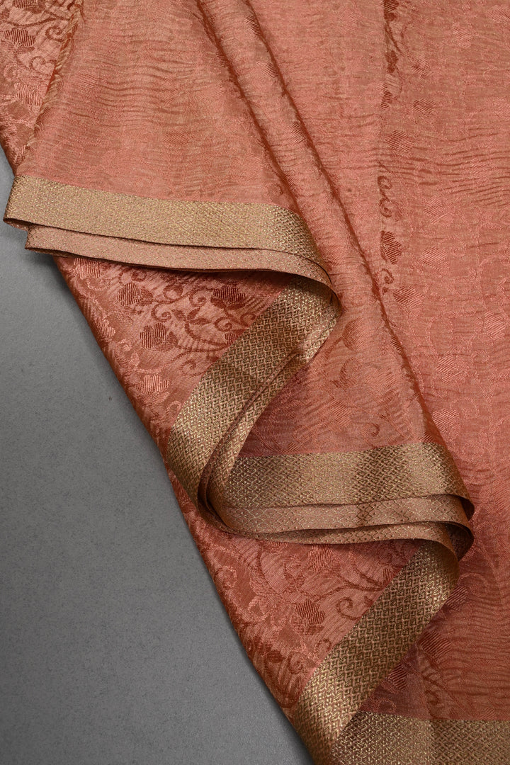 Peach Mysore Silk Crinkled Saree with Self Floral Jaal and Minimal Zari Border | SILK MARK CERTIFIED | SHOBITAM