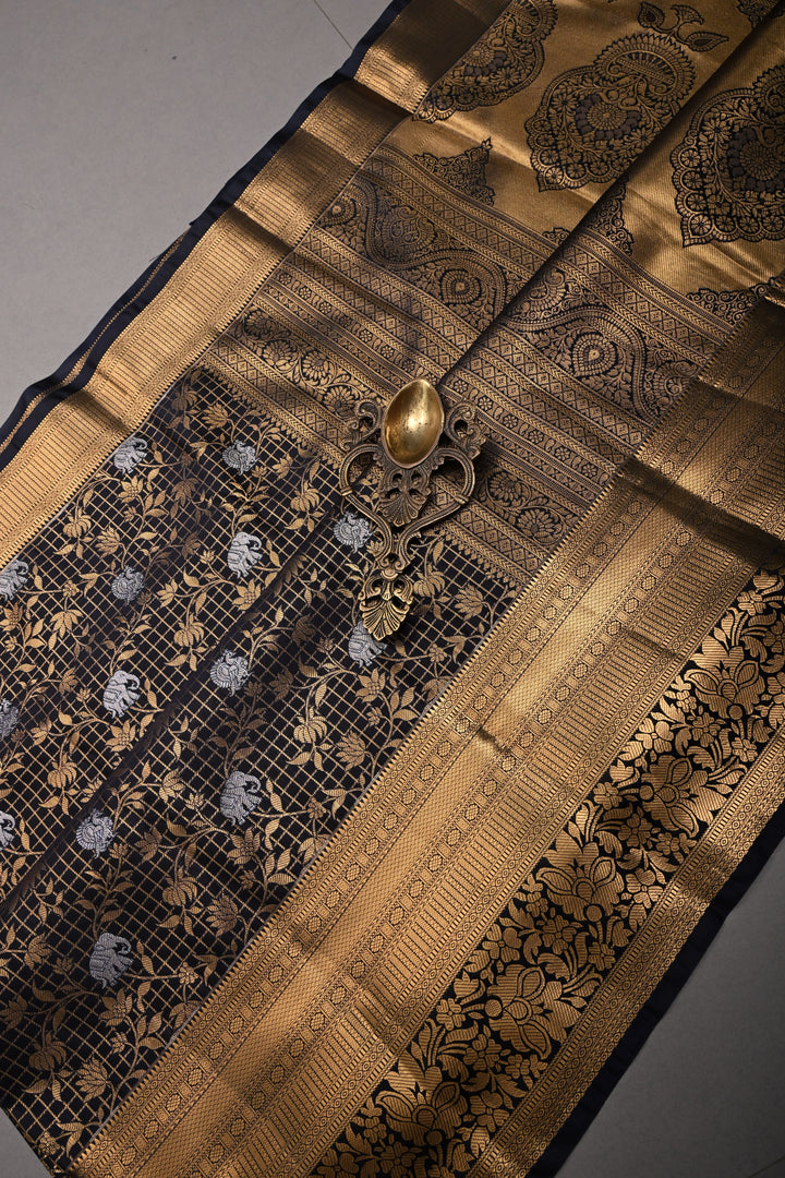 Blackish Blue Zari Checks on Kanjivaram Soft Semi Silk Saree with Floral Jaal-Silver Buttas and Zari Border | SHOBITAM