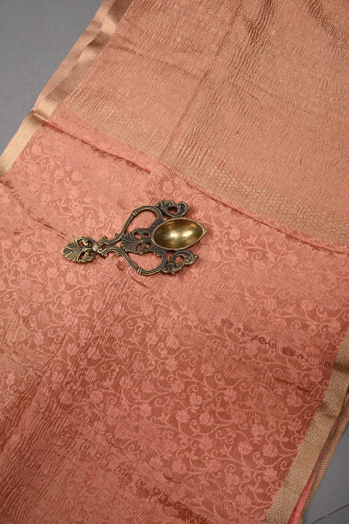 Peach Mysore Silk Crinkled Saree with Self Floral Jaal and Minimal Zari Border | SILK MARK CERTIFIED | SHOBITAM