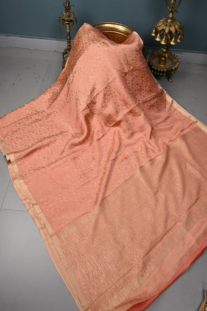Peach Mysore Silk Crinkled Saree with Self Floral Jaal and Minimal Zari Border | SILK MARK CERTIFIED | SHOBITAM