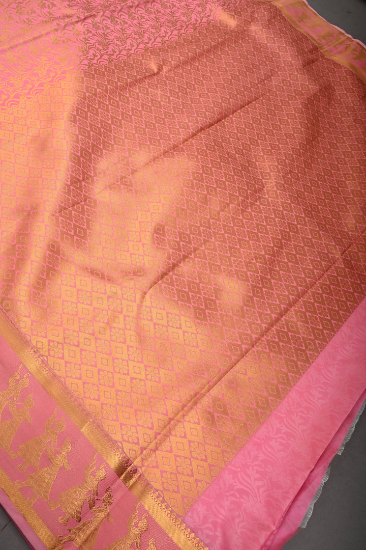 Sandstone Vertical Zari Stripes on Kanjivaram Soft Semi Silk Saree with Zari Buttas and Contrast Zari Border | SHOBITAM