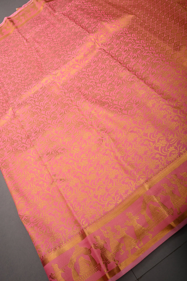 Sandstone Vertical Zari Stripes on Kanjivaram Soft Semi Silk Saree with Zari Buttas and Contrast Zari Border | SHOBITAM