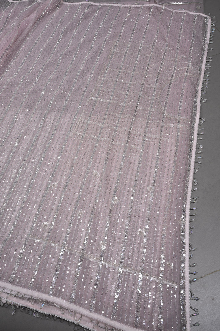 Baby Pink Stripes Design Sequins, Cutdana, Embellishment on Net Saree with Scallop Border | SHOBITAM