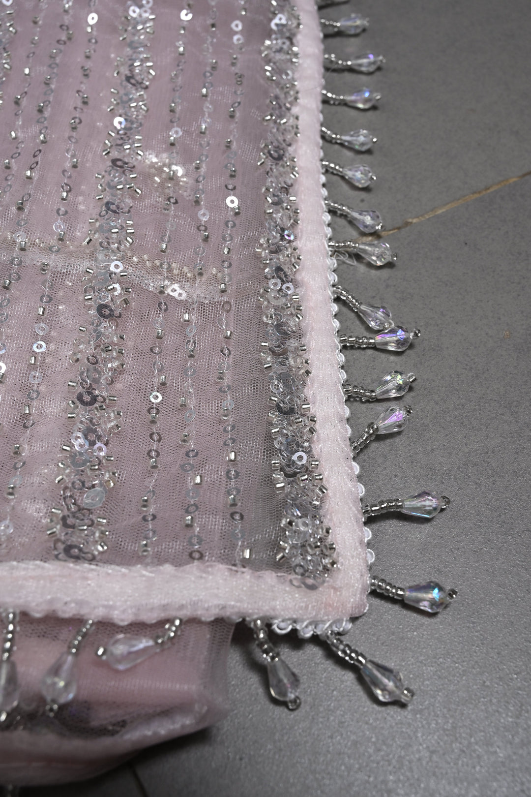 Baby Pink Stripes Design Sequins, Cutdana, Embellishment on Net Saree with Scallop Border | SHOBITAM