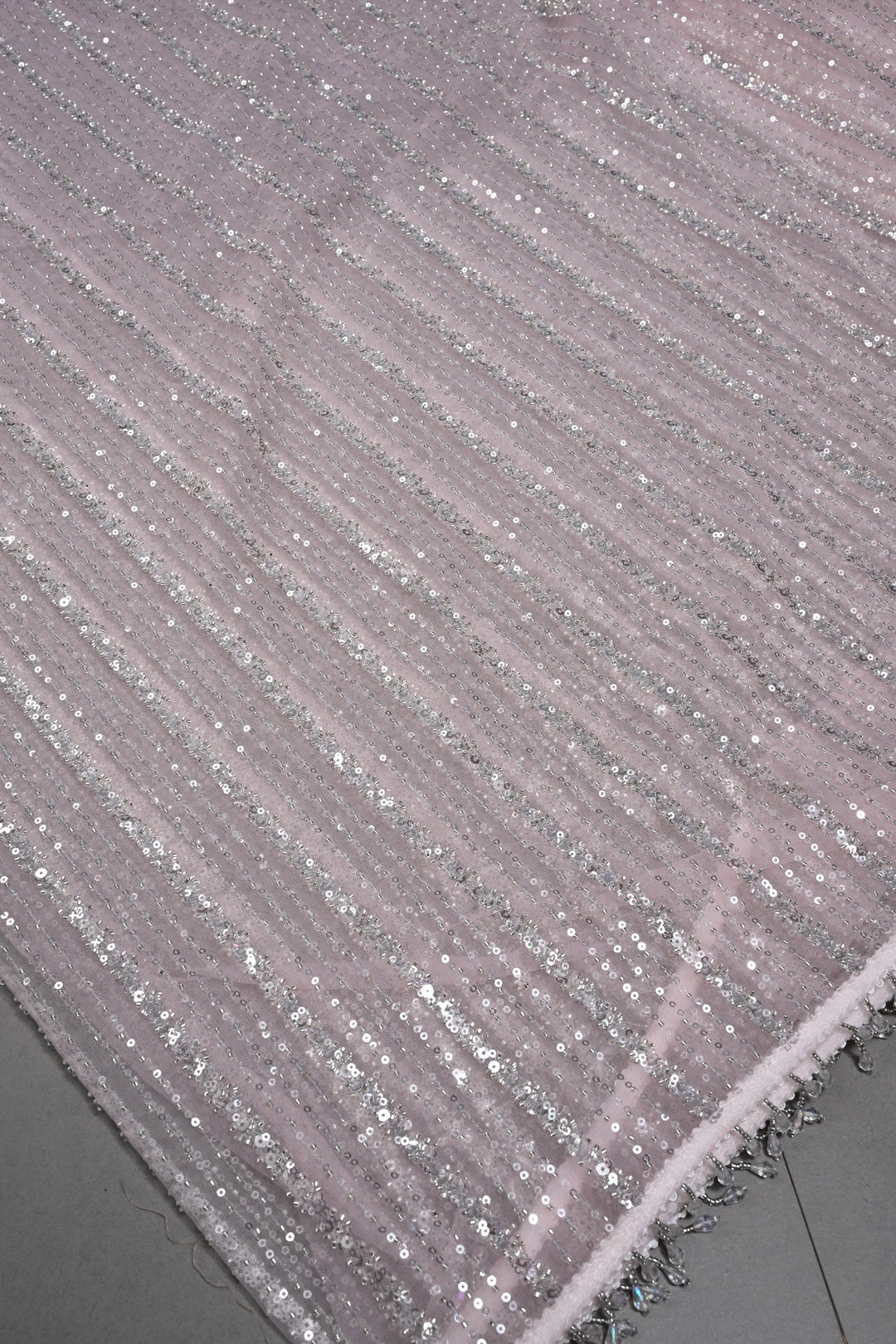 Baby Pink Stripes Design Sequins, Cutdana, Embellishment on Net Saree with Scallop Border | SHOBITAM