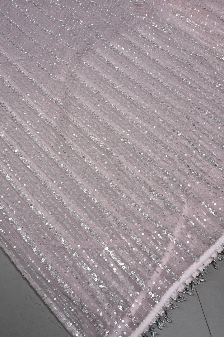 Baby Pink Stripes Design Sequins, Cutdana, Embellishment on Net Saree with Scallop Border | SHOBITAM