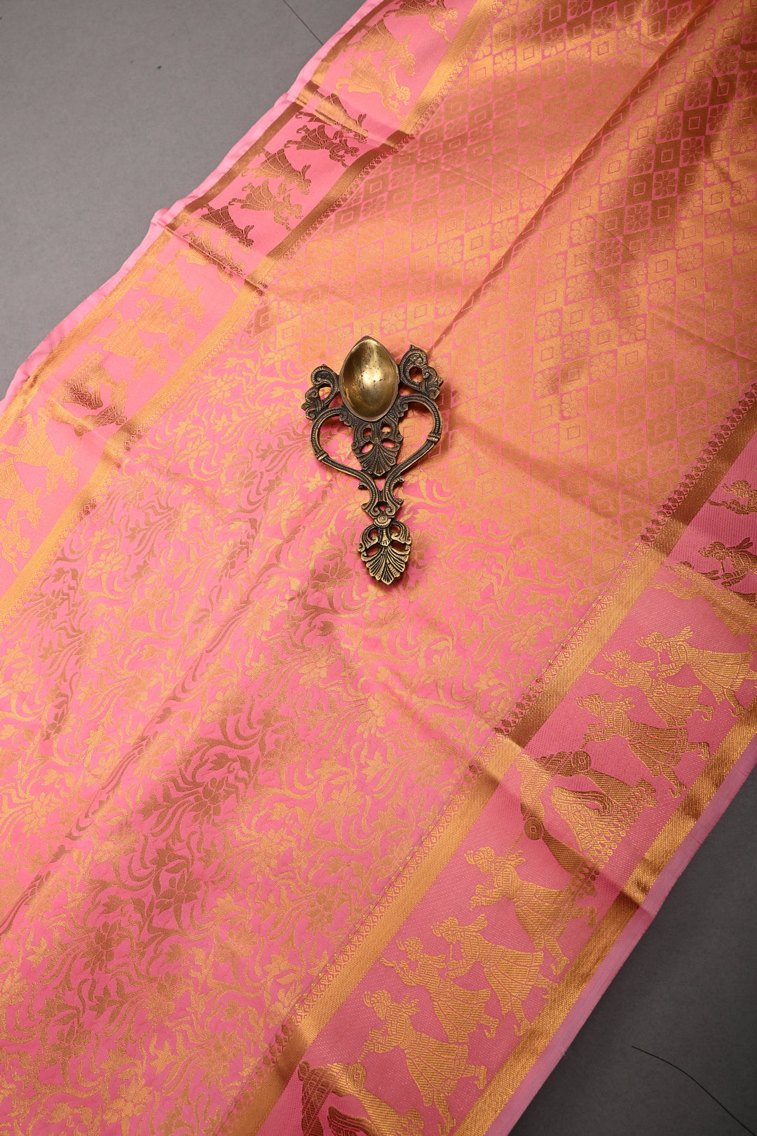 Sandstone Vertical Zari Stripes on Kanjivaram Soft Semi Silk Saree with Zari Buttas and Contrast Zari Border | SHOBITAM