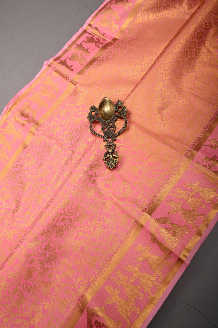 Sandstone Vertical Zari Stripes on Kanjivaram Soft Semi Silk Saree with Zari Buttas and Contrast Zari Border | SHOBITAM