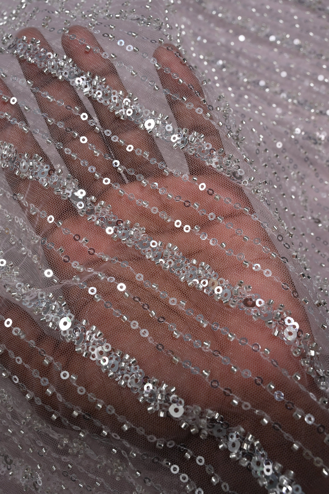 Baby Pink Stripes Design Sequins, Cutdana, Embellishment on Net Saree with Scallop Border | SHOBITAM