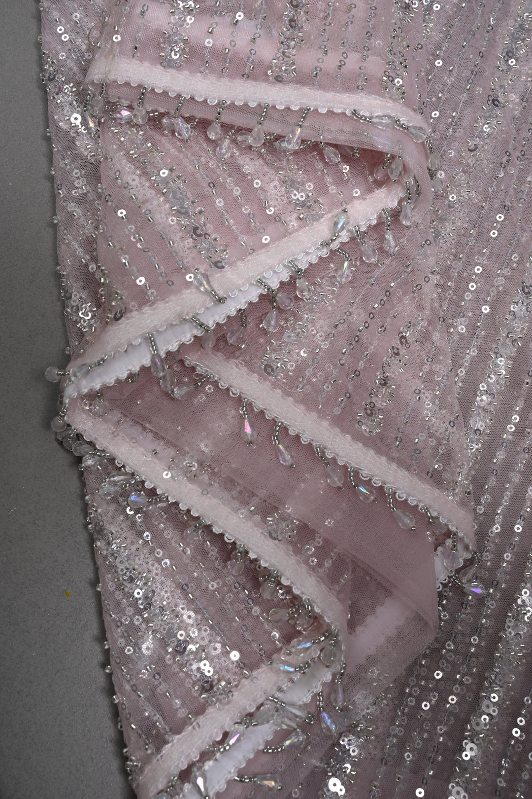 Baby Pink Stripes Design Sequins, Cutdana, Embellishment on Net Saree with Scallop Border | SHOBITAM