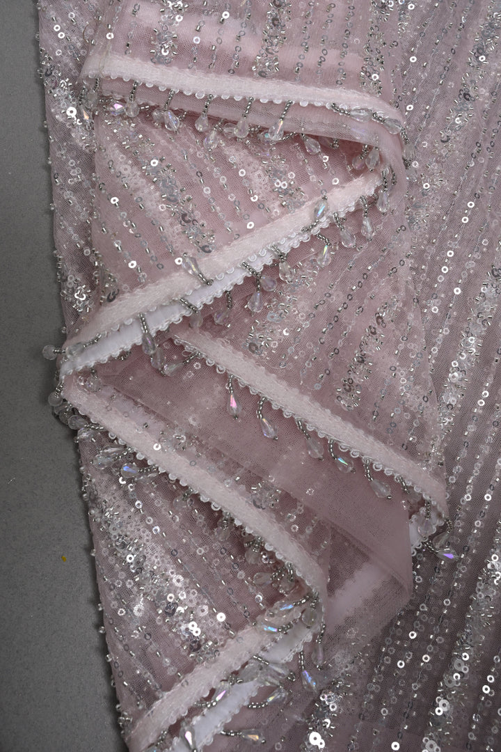 Baby Pink Stripes Design Sequins, Cutdana, Embellishment on Net Saree with Scallop Border | SHOBITAM