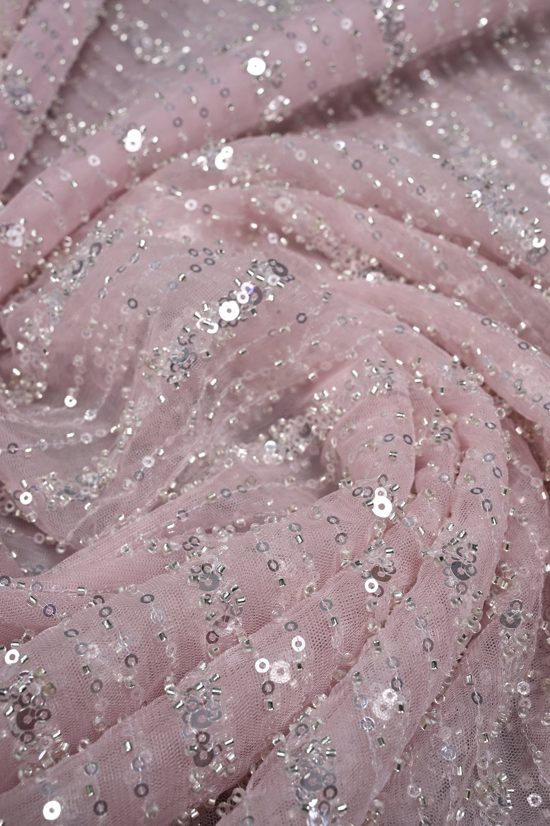 Baby Pink Stripes Design Sequins, Cutdana, Embellishment on Net Saree with Scallop Border | SHOBITAM