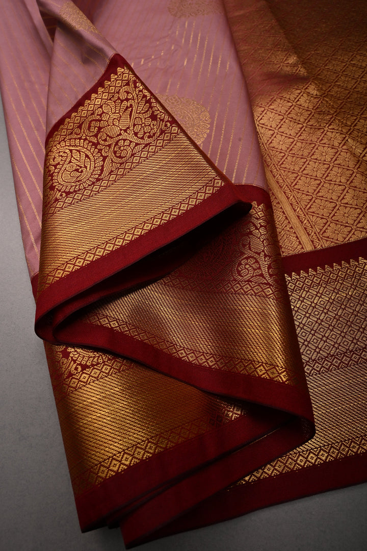 Rosy Pink Kanjivaram Soft Semi Silk Saree with Floral Jaal and Bride's Palanquin Procession Border | SHOBITAM
