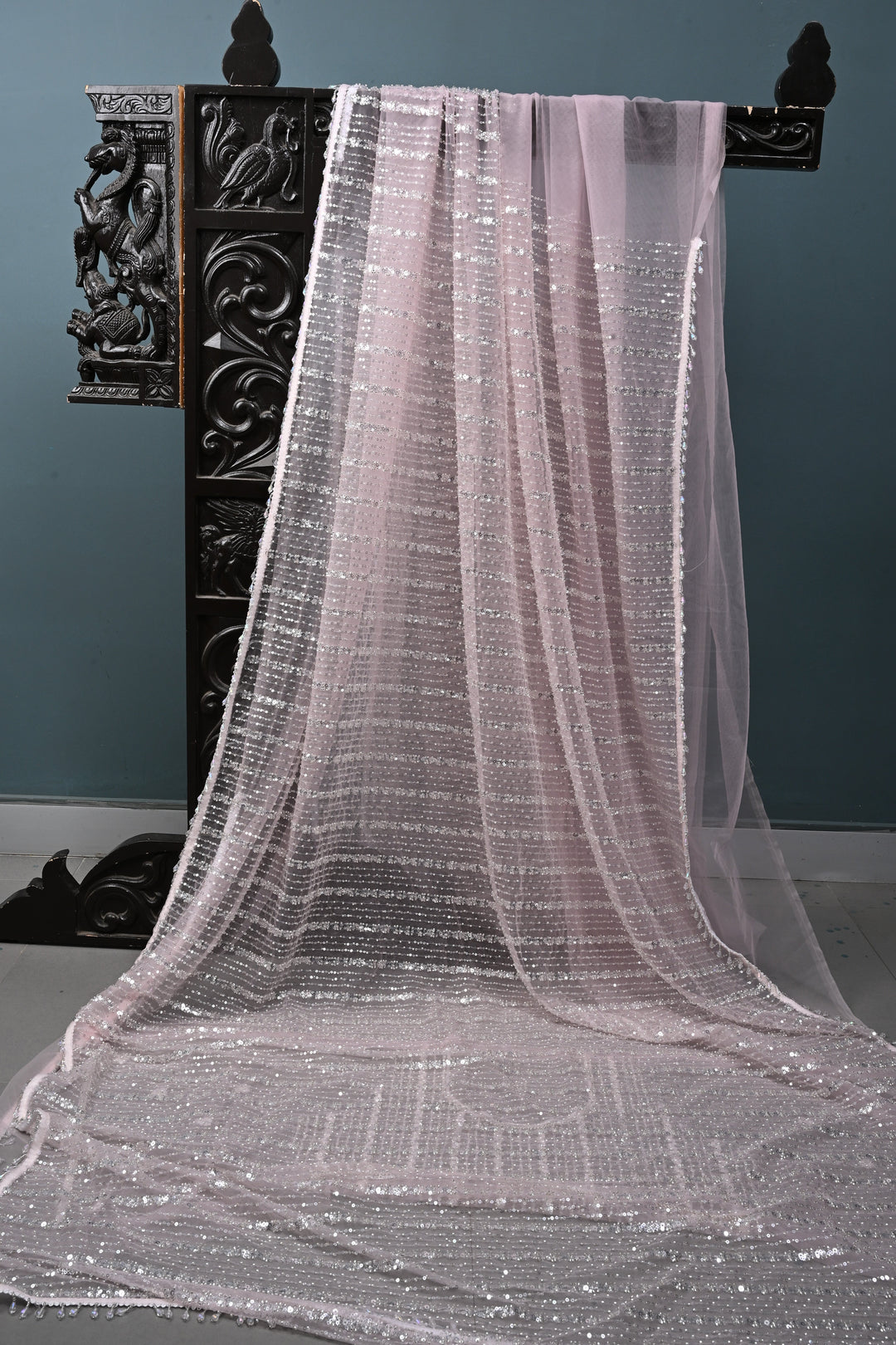 Baby Pink Stripes Design Sequins, Cutdana, Embellishment on Net Saree with Scallop Border | SHOBITAM