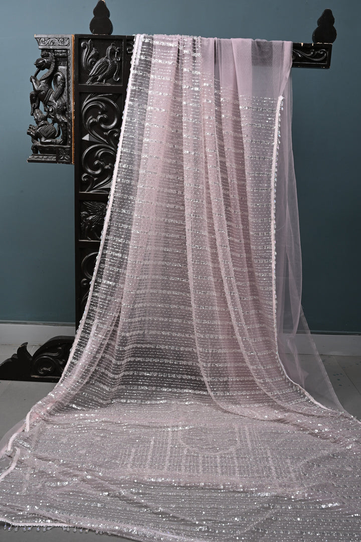 Baby Pink Stripes Design Sequins, Cutdana, Embellishment on Net Saree with Scallop Border | SHOBITAM