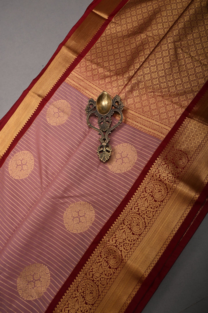 Rosy Pink Kanjivaram Soft Semi Silk Saree with Floral Jaal and Bride's Palanquin Procession Border | SHOBITAM