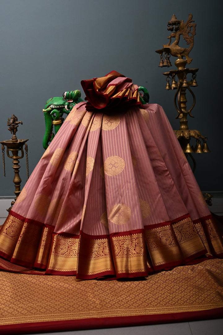 Rosy Pink Kanjivaram Soft Semi Silk Saree with Floral Jaal and Bride's Palanquin Procession Border | SHOBITAM
