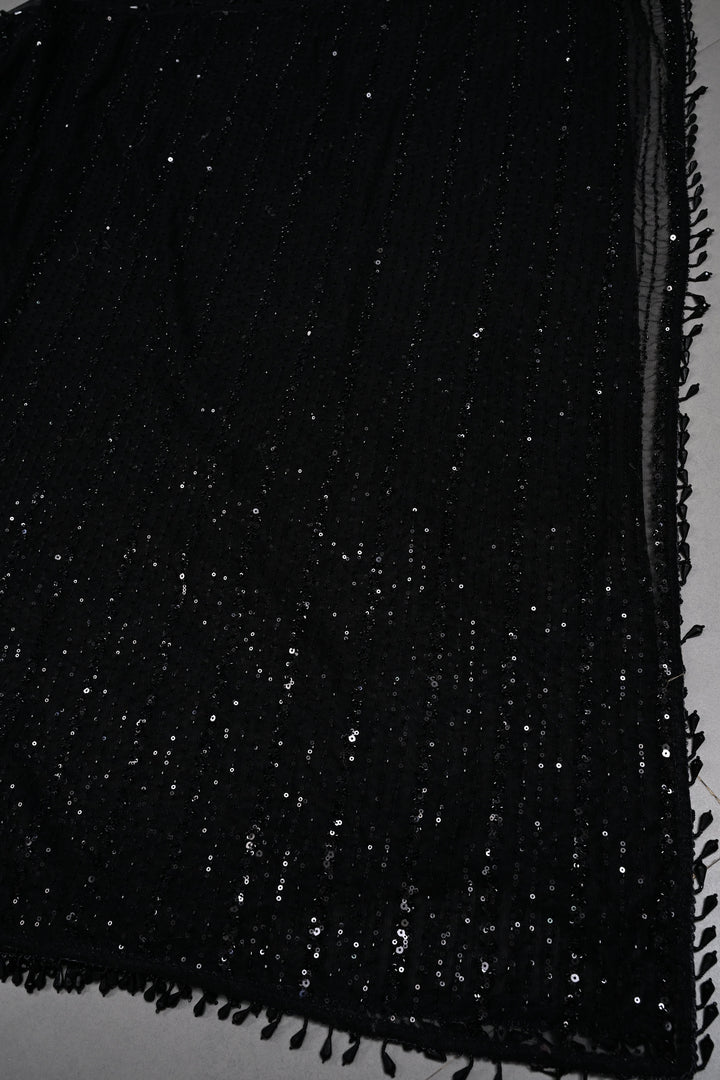 Black Net Saree with Vertical Stripes Embellishments and Dangling Beads Border | SHOBITAM